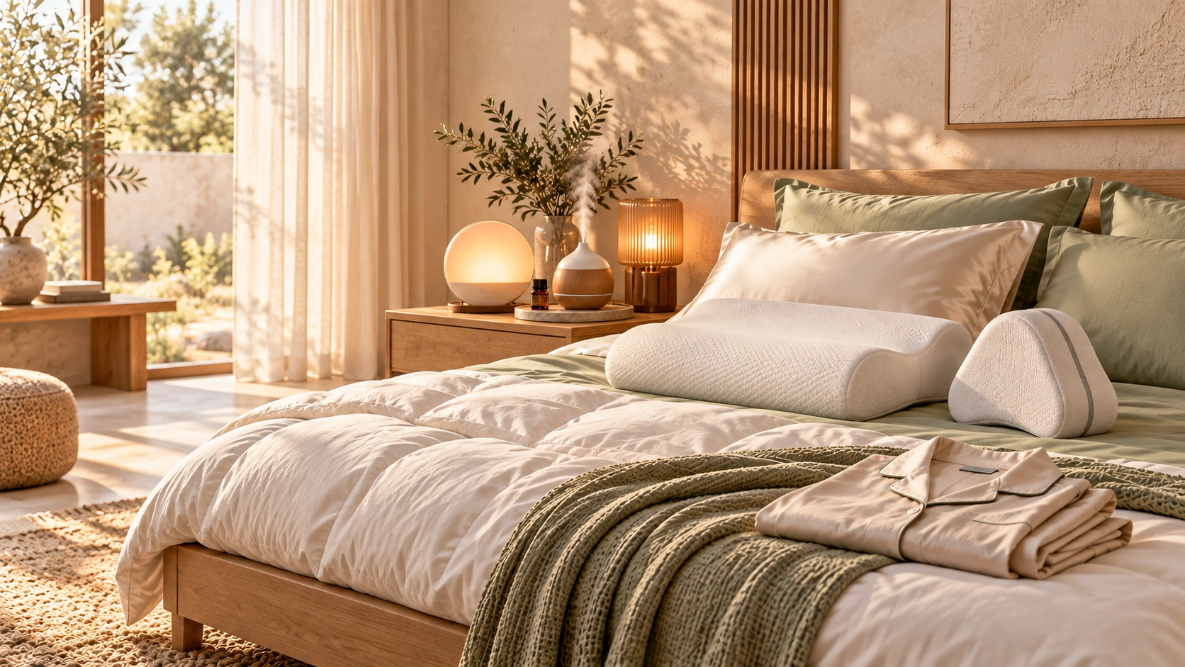 Sunlit bedroom with a white duvet, sage bedding, ergonomic pillows, folded cotton pyjamas, a sunrise alarm clock and an aroma diffuser