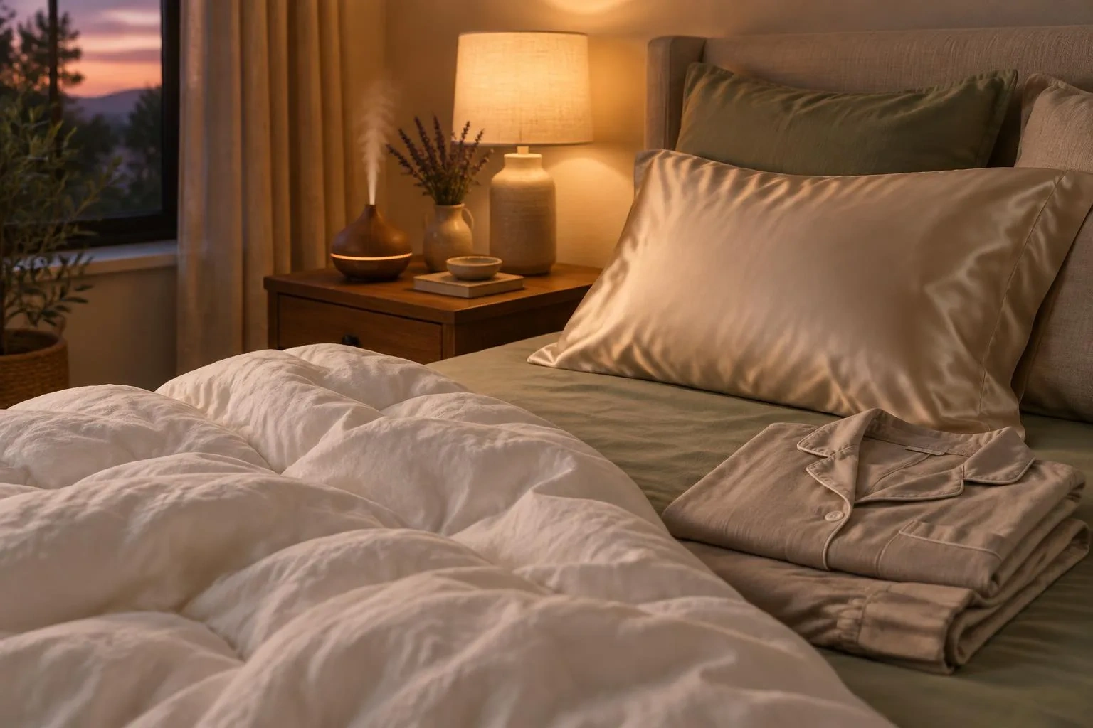 Cosy bedroom at dusk with a white duvet, satin pillowcase, sage fitted sheet, cotton pyjamas, amber lamp and aroma diffuser